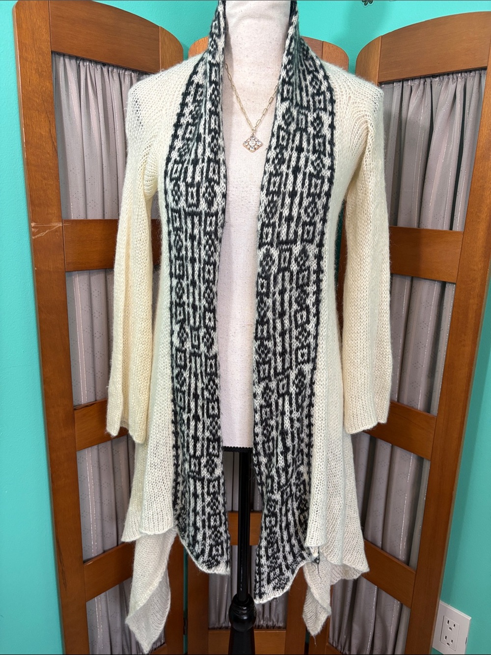 Wooden Ships by Paola Buendia Ivory Open-Front Cardigan W/ black Patterned Trim
